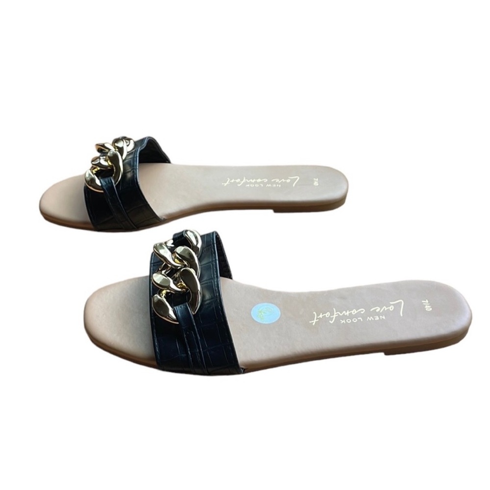 NWT New Look Love Comfort Black and Gold Chain Detail Sandals - Size 9 - Picture 5 of 7